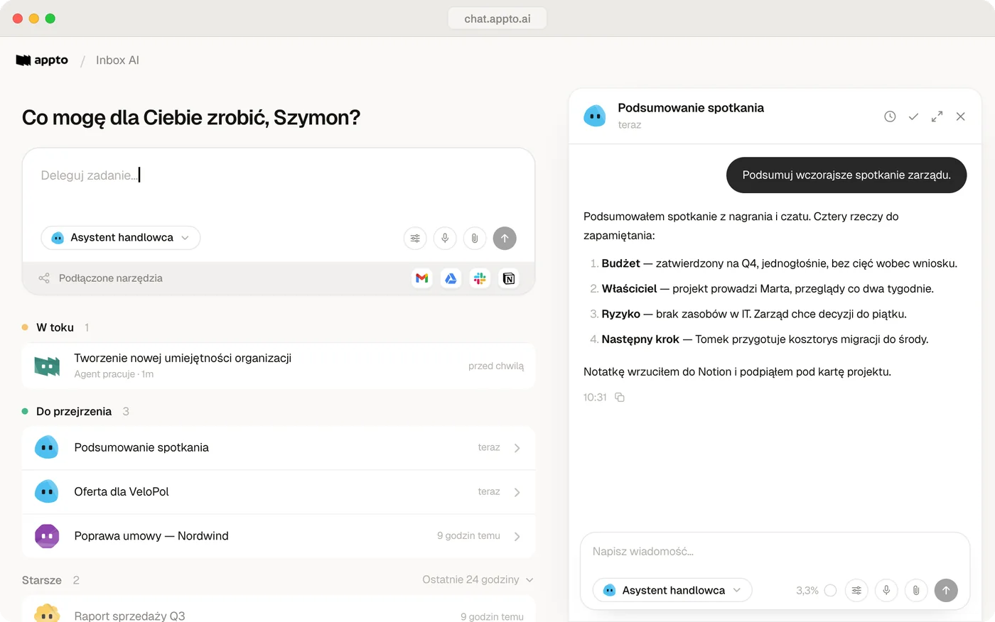 Appto, widok Inbox AI: zadania zlecone asystentom, w toku i do przejrzenia, obok wynik zadania.
